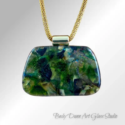Trapezoid Art Glass Pendant - Emerald Green & Amber Layers