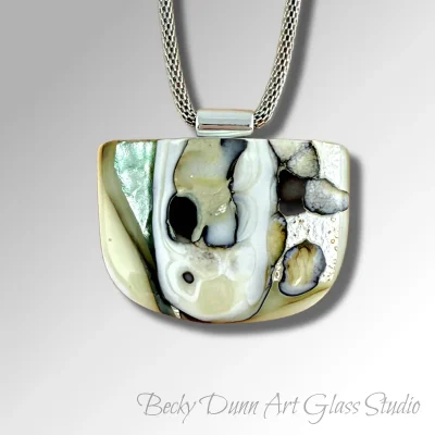 Half Moon Art Glass Pendant with Silver Inlay - Green Amber